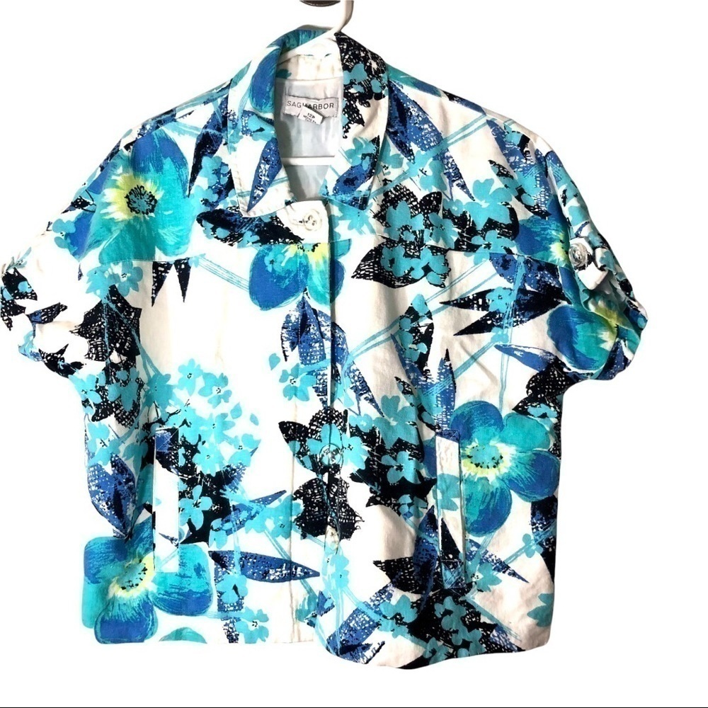 Sag Harbor Floral Linen Blouse Jacket Short Sleeve Button Front 12P